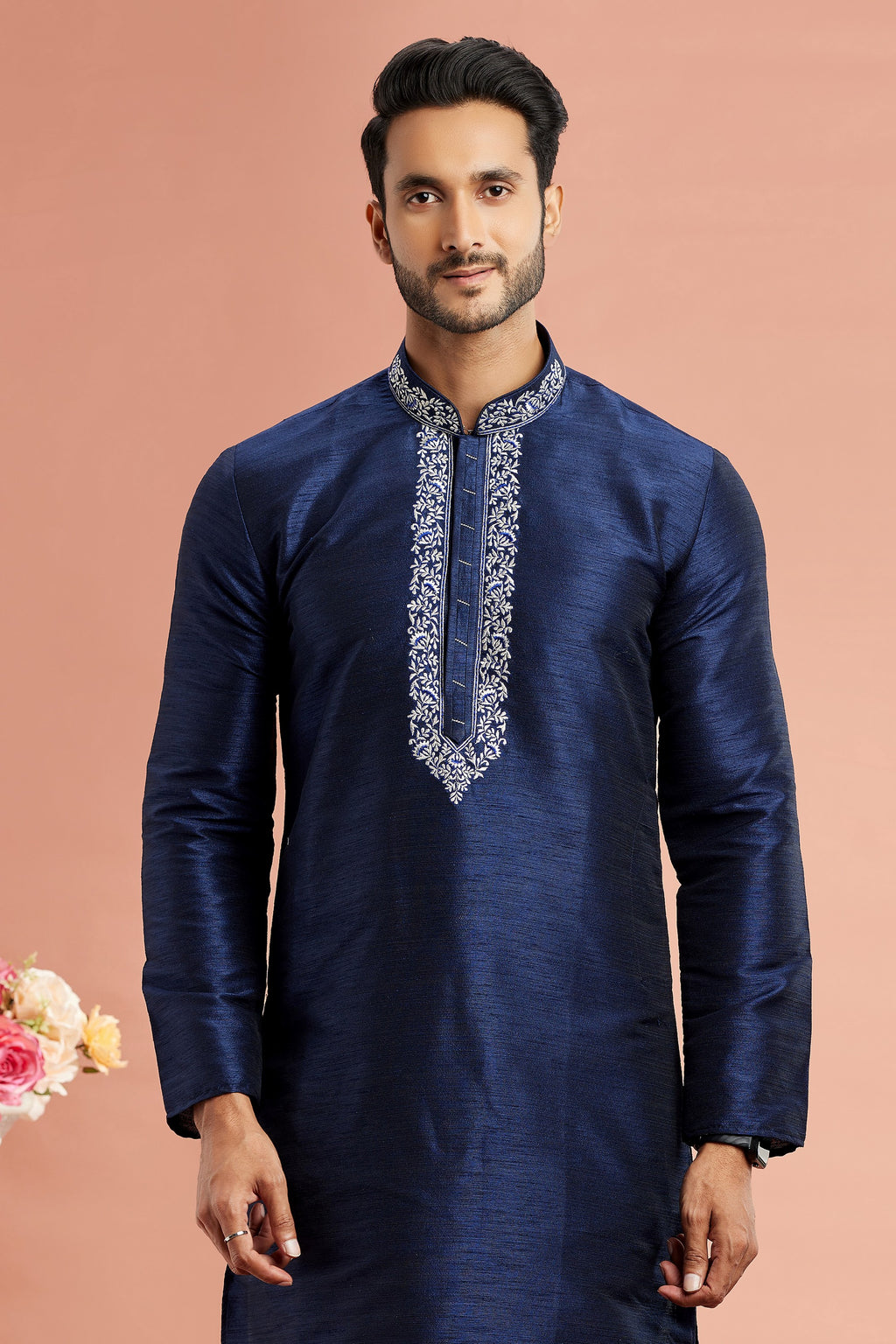 Navy Blue Banarasi Art Silk Plain Kurta Pajama for Men for Festival & Wedding - Embroidery Work