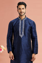 Navy Blue Banarasi Art Silk Plain Kurta Pajama for Men for Festival & Wedding - Embroidery Work
