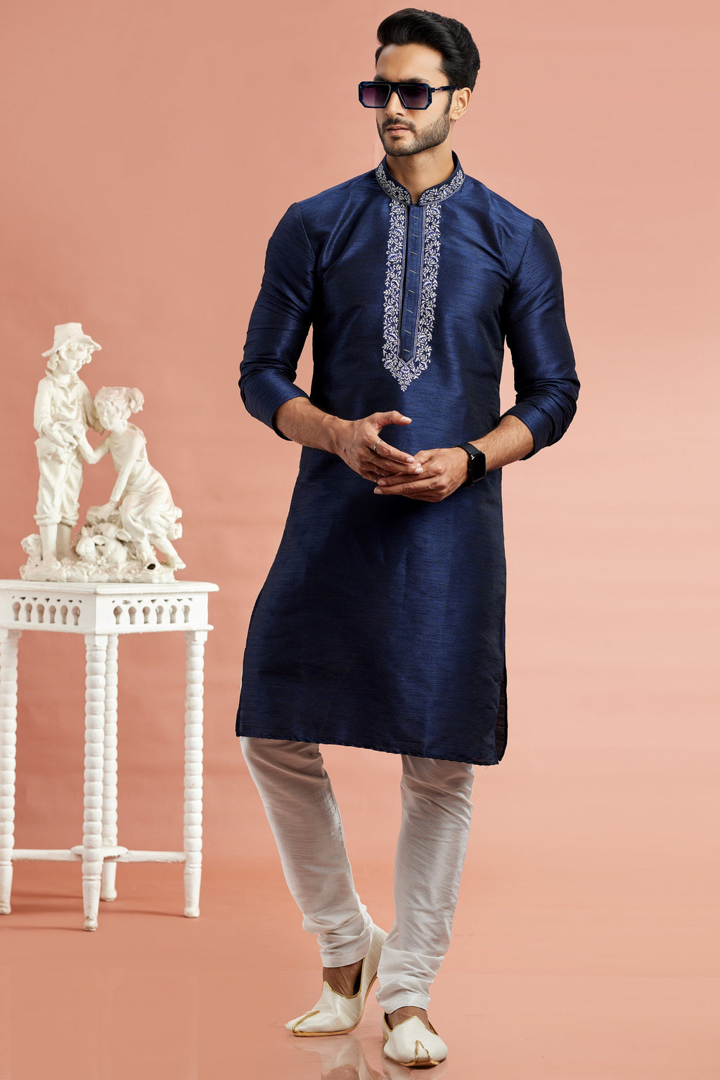 Navy Blue Banarasi Art Silk Plain Kurta Pajama for Men for Festival & Wedding - Embroidery Work