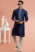 Navy Blue Banarasi Art Silk Plain Kurta Pajama for Men for Festival & Wedding - Embroidery Work