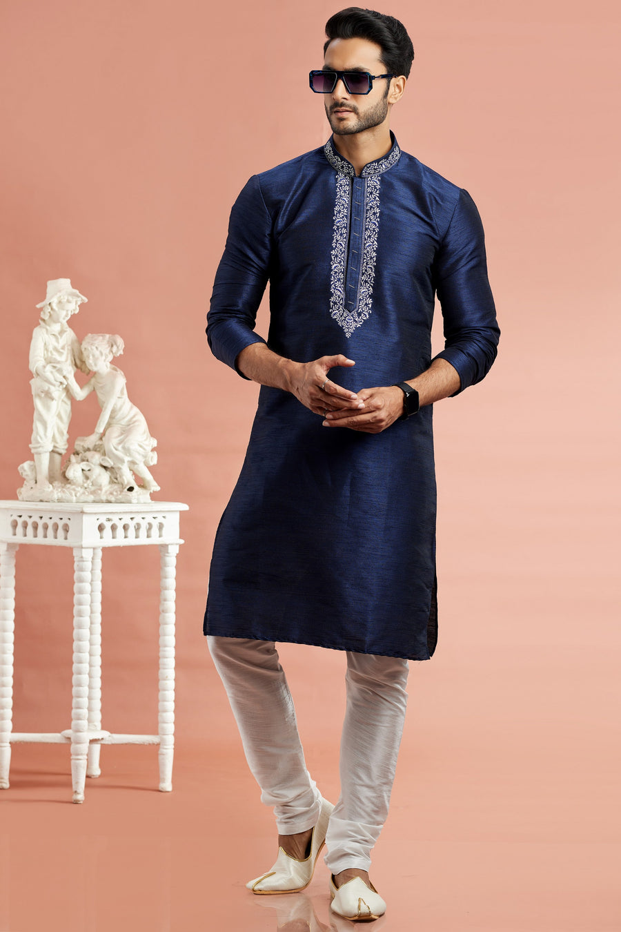 Navy Blue Banarasi Art Silk Plain Kurta Pajama for Men for Festival & Wedding - Embroidery Work