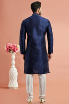 Navy Blue Banarasi Art Silk Plain Kurta Pajama for Men for Festival & Wedding - Embroidery Work