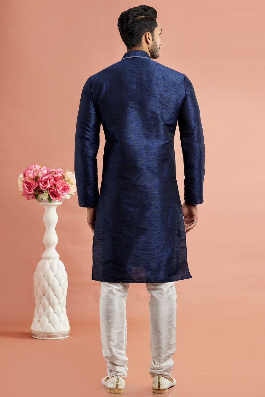 Navy Blue Banarasi Art Silk Plain Kurta Pajama for Men for Festival & Wedding - Embroidery Work