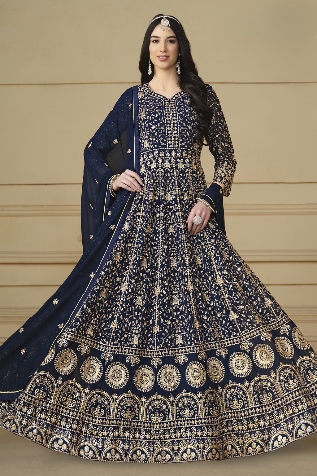 Navy Blue Georgette Anarkali Dress with Thread and Sequins Embroidery