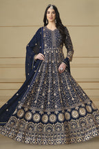 Navy Blue Georgette Anarkali Dress with Thread and Sequins Embroidery