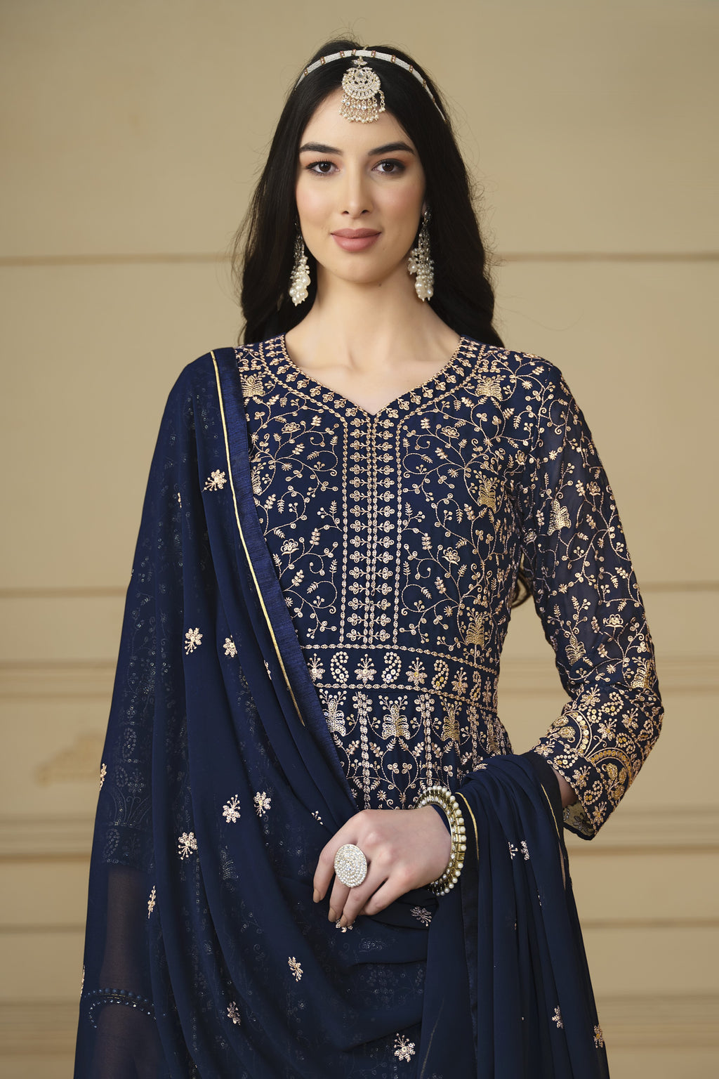 Navy Blue Georgette Anarkali Dress with Thread and Sequins Embroidery