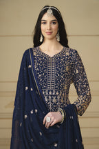 Navy Blue Georgette Anarkali Dress with Thread and Sequins Embroidery