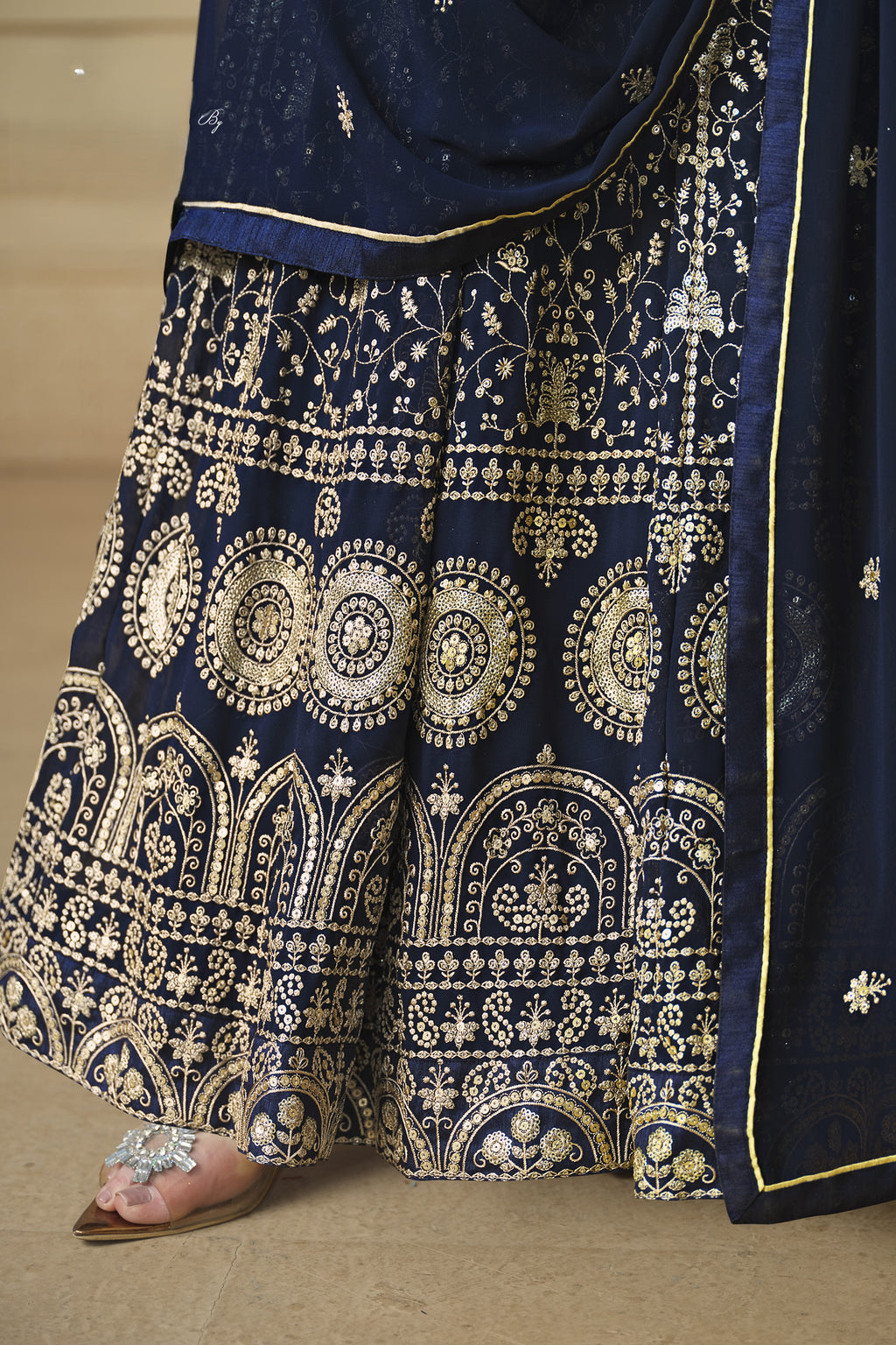 Navy Blue Georgette Anarkali Dress with Thread and Sequins Embroidery