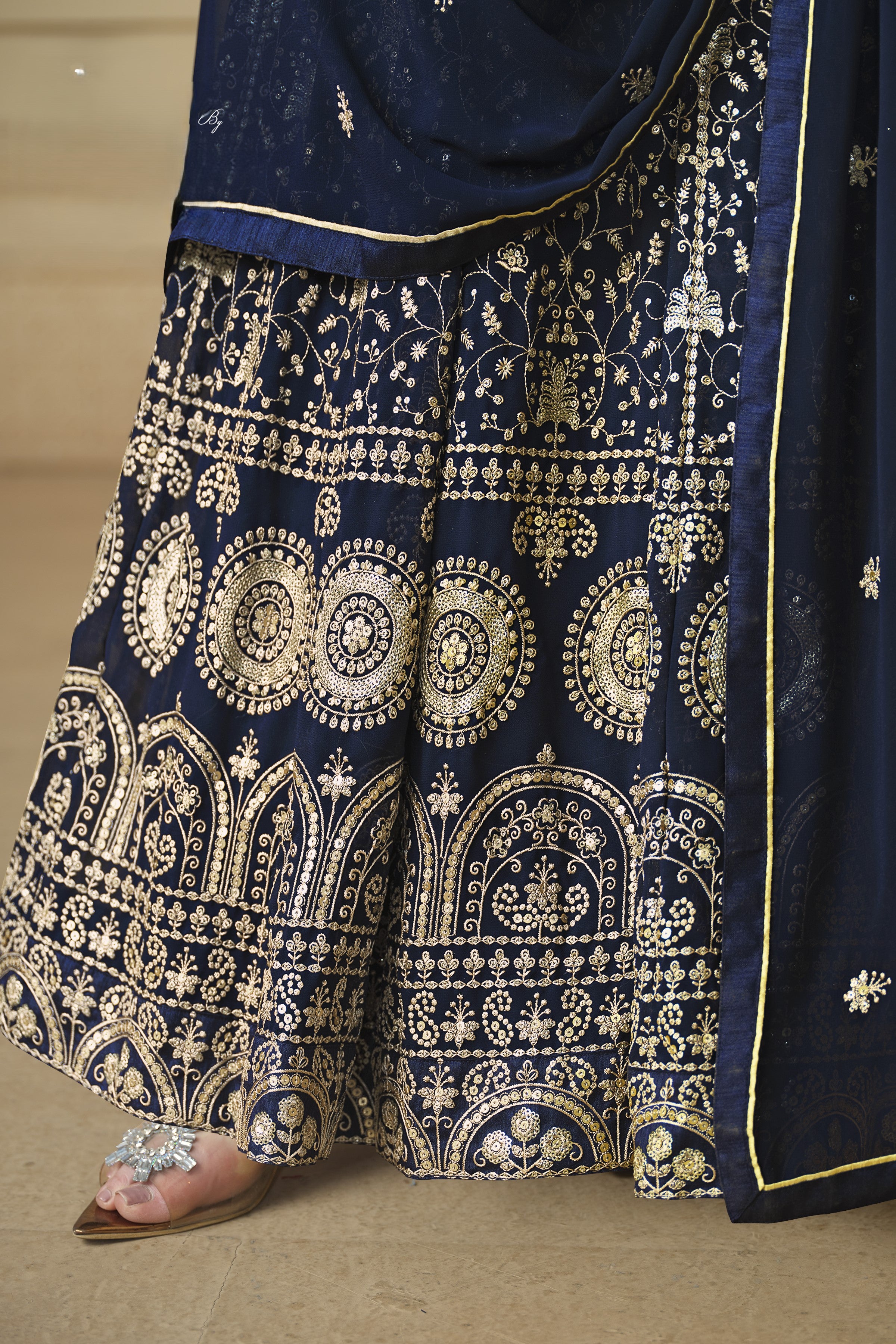 Navy Blue Georgette Anarkali Dress with Thread and Sequins Embroidery