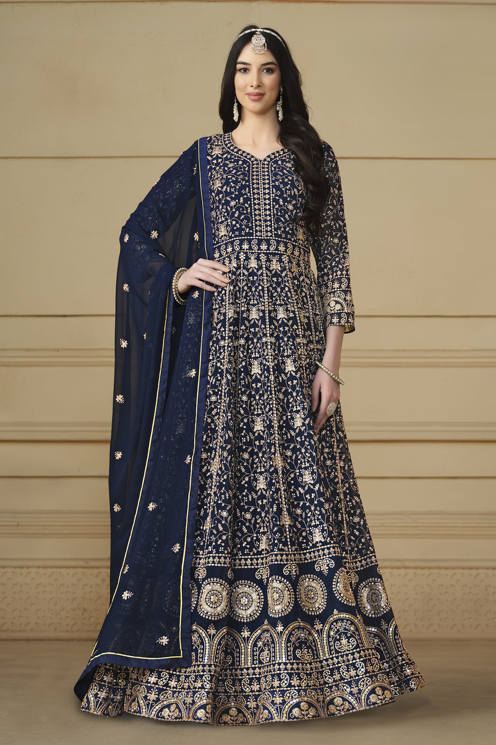 Navy Blue Georgette Anarkali Dress with Thread and Sequins Embroidery