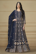 Navy Blue Georgette Anarkali Dress with Thread and Sequins Embroidery