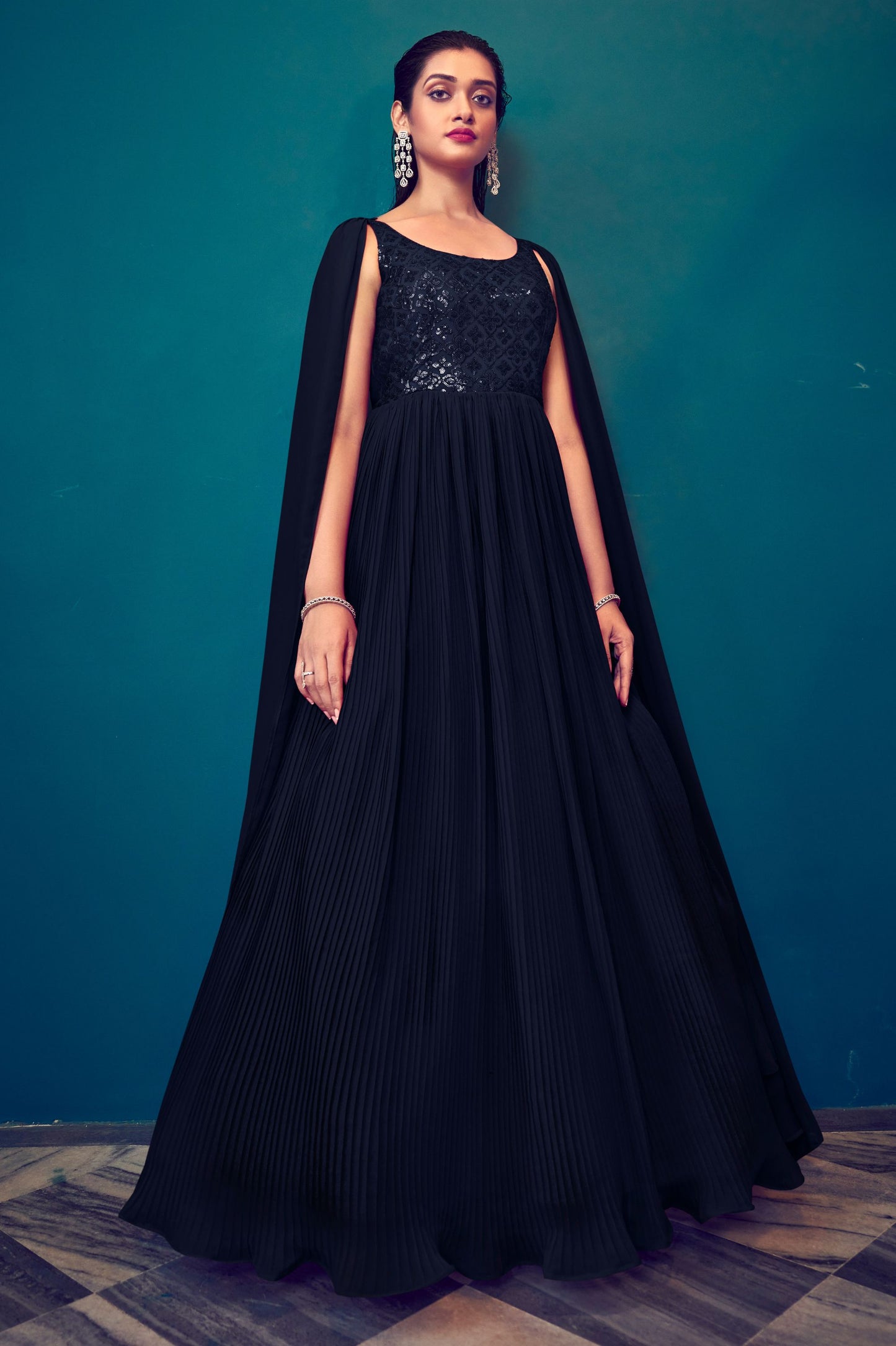 Navy Blue Pakistani Georgette Anarkali Gown For Indian Festivals & Weddings - Sequence Embroidery Work, Thread Embroidery Work,