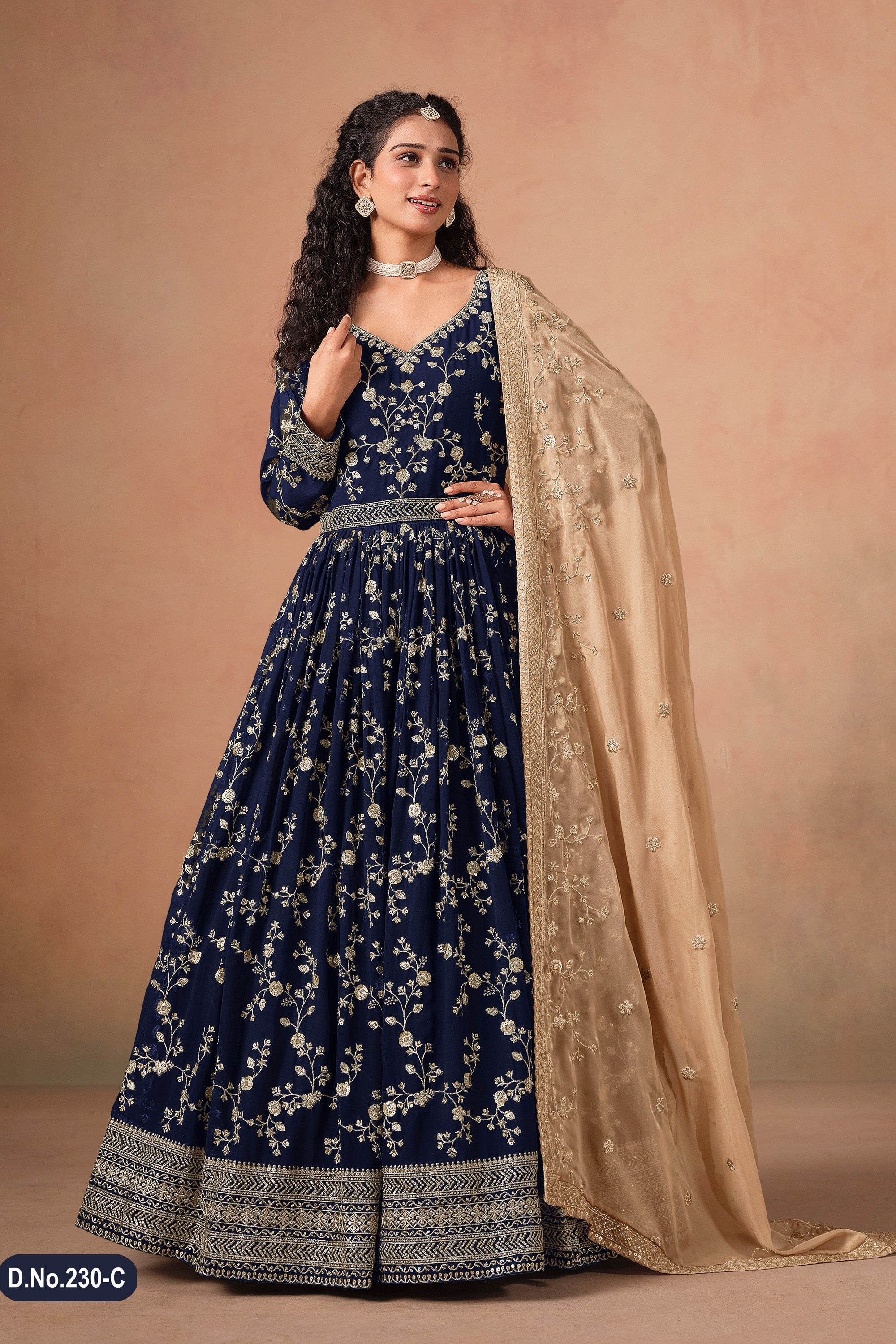 Navy Blue Georgette Anarkali Suit For Indian & Pakistani Wedding Festival - Thread & Sequins Embroidery Work
