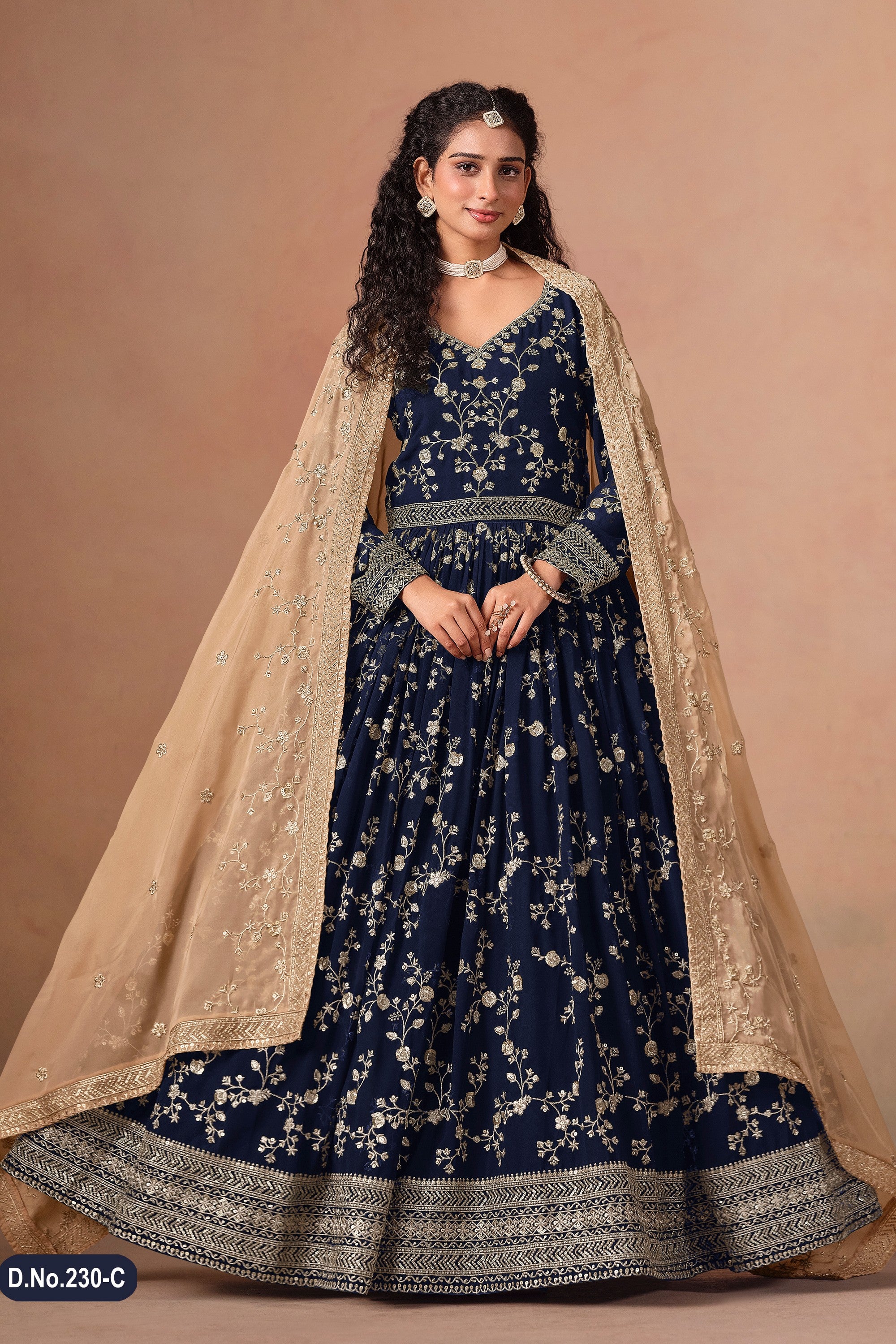 Navy Blue Georgette Anarkali Suit For Indian & Pakistani Wedding Festival - Thread & Sequins Embroidery Work
