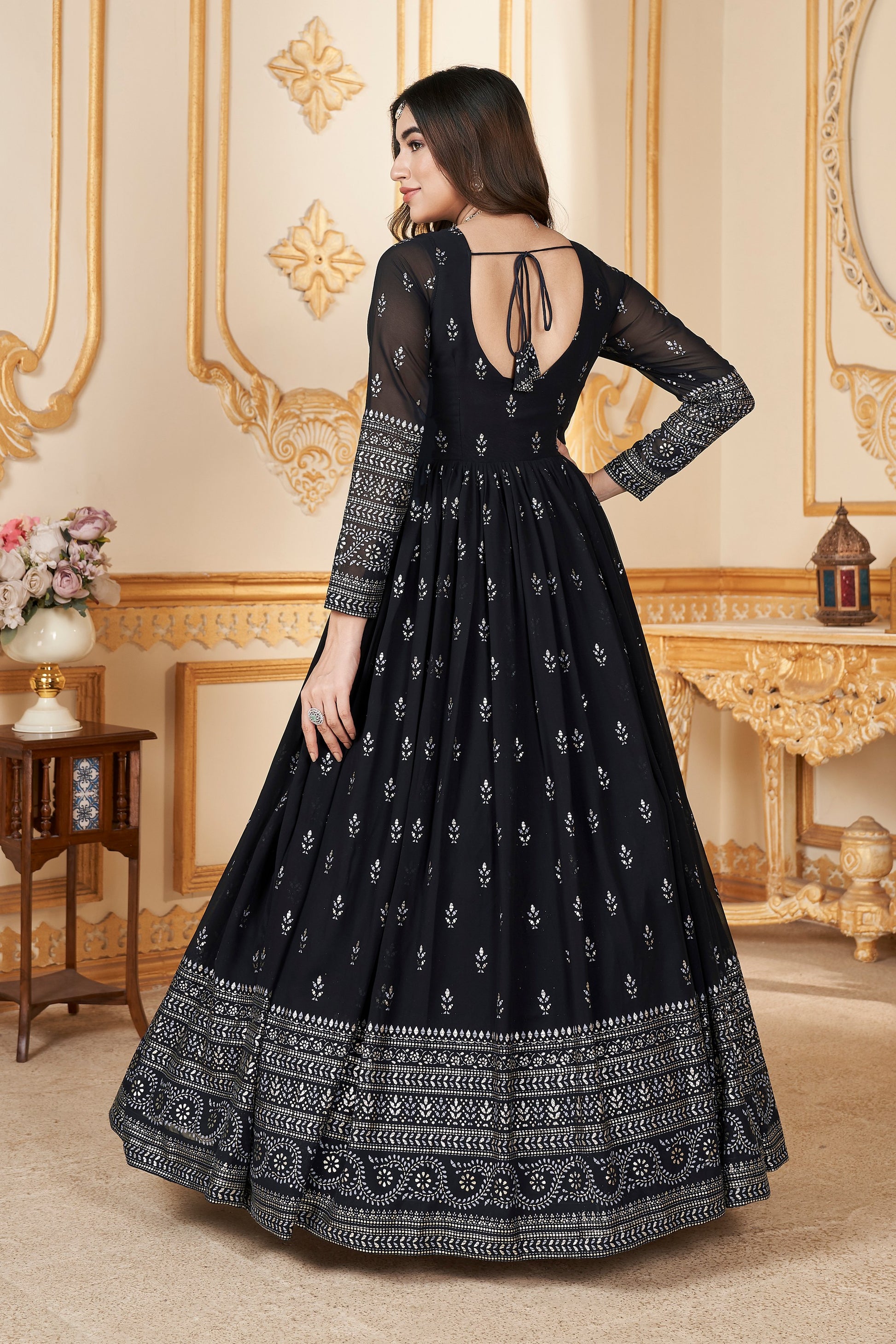 Navy Blue Georgette Full Length Anarkali Suit For Indian Festivals & Pakistani Weddings - Metallic Foil Work