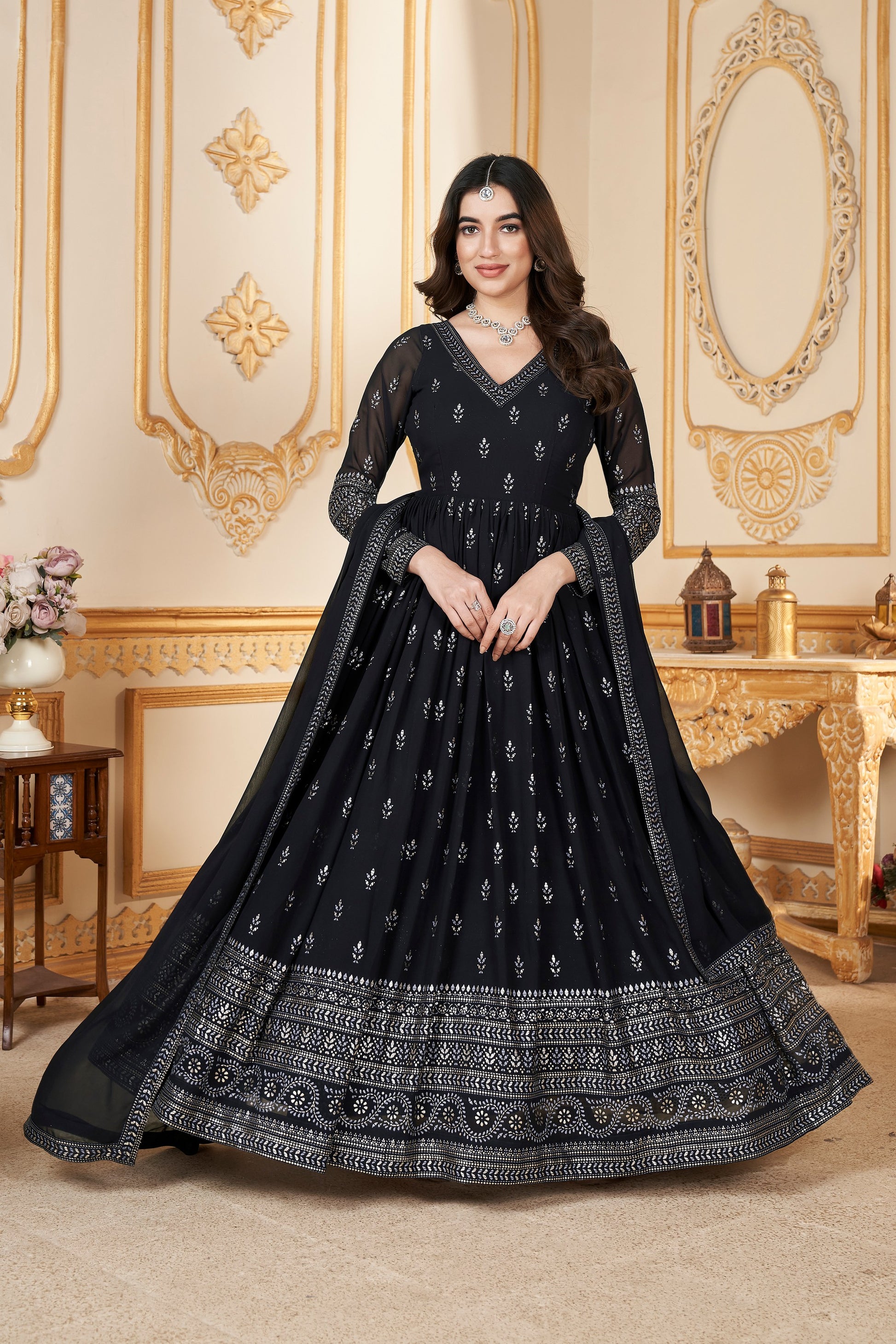 Navy Blue Georgette Full Length Anarkali Suit For Indian Festivals & Pakistani Weddings - Metallic Foil Work