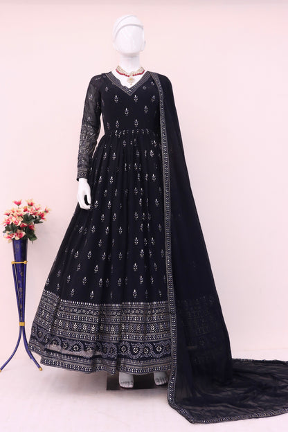 Navy Blue Georgette Full Length Anarkali Suit For Indian Festivals & Pakistani Weddings - Metallic Foil Work