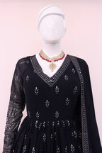 Navy Blue Georgette Full Length Anarkali Suit For Indian Festivals & Pakistani Weddings - Metallic Foil Work