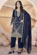 Navy Blue Georgette Kameez with Pant For Indian Festivals & Weddings - Embroidery Work, Swarovski Work