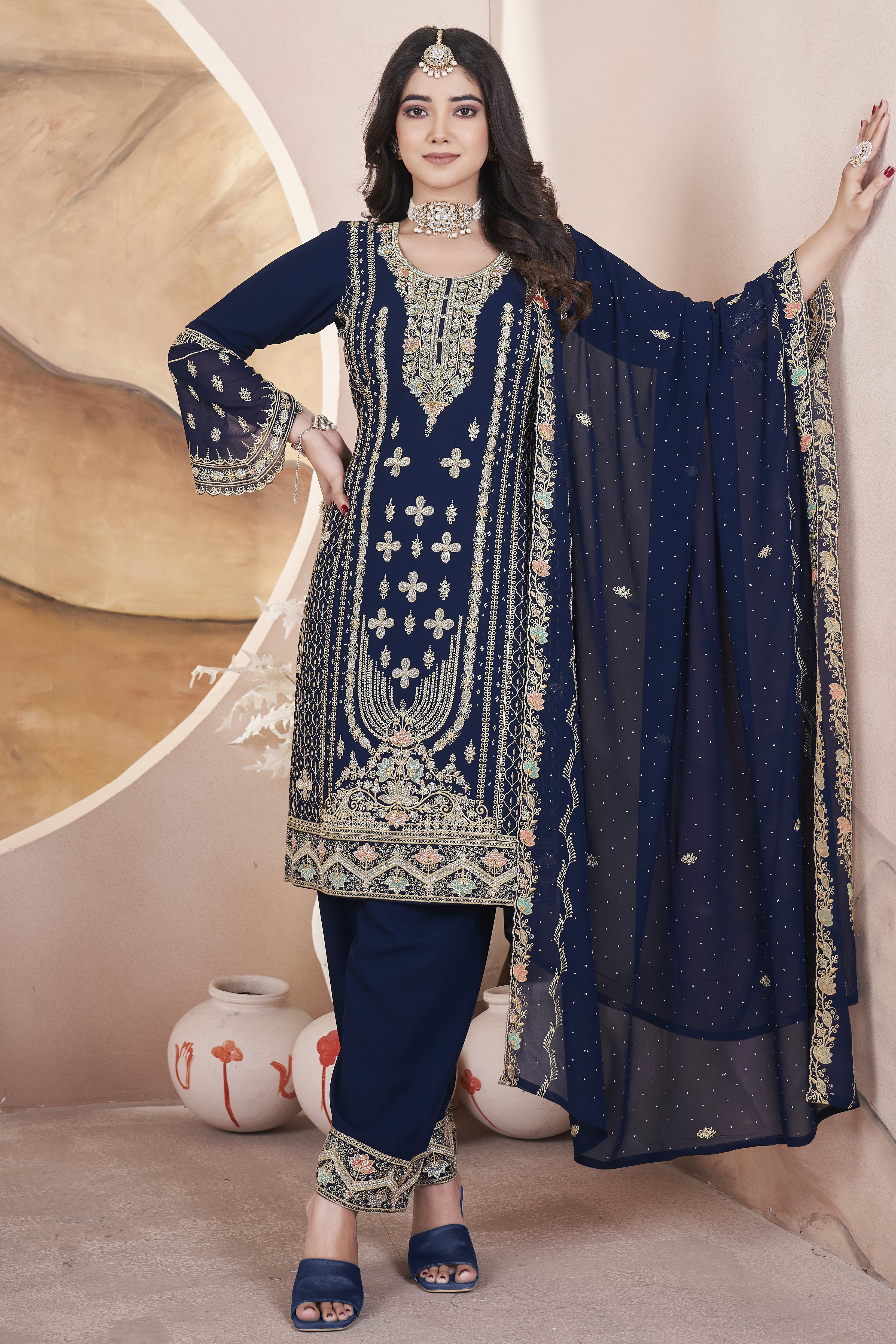 Navy Blue Georgette Kameez with Pant For Indian Festivals & Weddings - Embroidery Work, Swarovski Work
