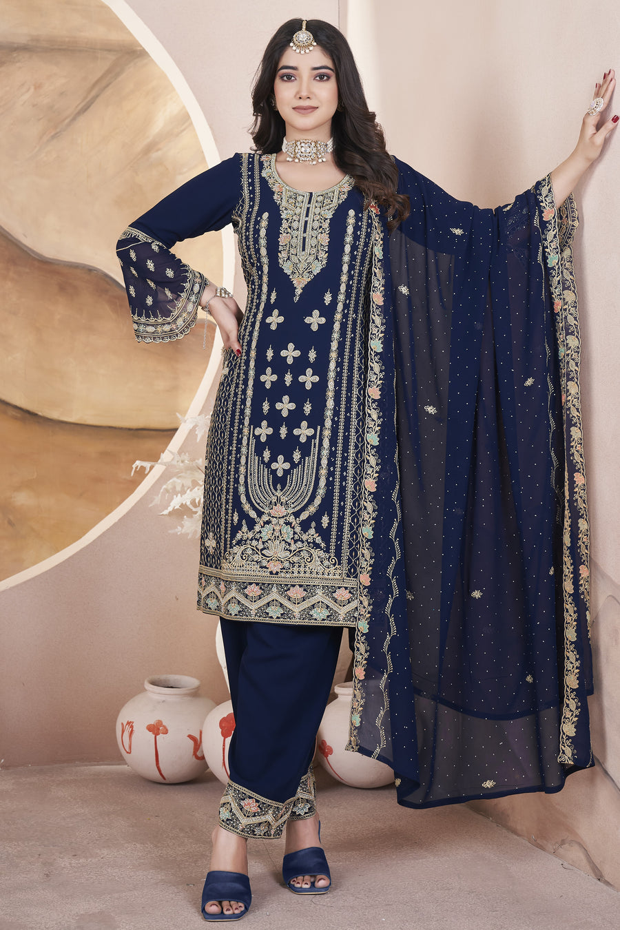 Navy Blue Georgette Kameez with Pant For Indian Festivals & Weddings - Embroidery Work, Swarovski Work