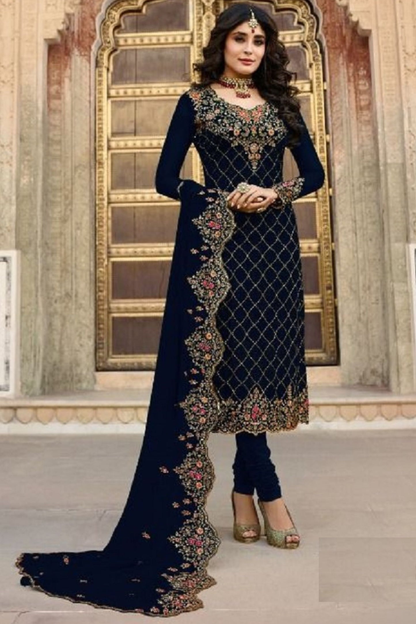 Navy Blue Georgette Kameez with Pant For Indian Suit Festivals & Pakistani Weddings - Embroidery Work, Stone Work