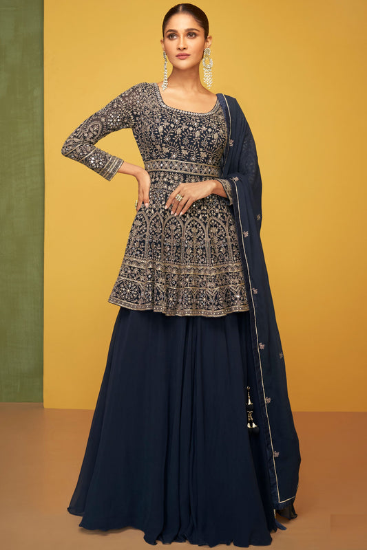 Navy Blue Georgette Kameez with Skirt For Indian Festivals & Pakistani Weddings Dress - Embroidery Work