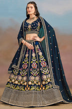 Navy Blue Georgette Lehenga Choli For Indian & Pakistani Wedding Festival - Zari Work, Resham Embroidery Work, Sequence Embroidery Work, Dori Work