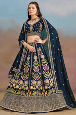 Navy Blue Georgette Lehenga Choli For Indian & Pakistani Wedding Festival - Zari Work, Resham Embroidery Work, Sequence Embroidery Work, Dori Work
