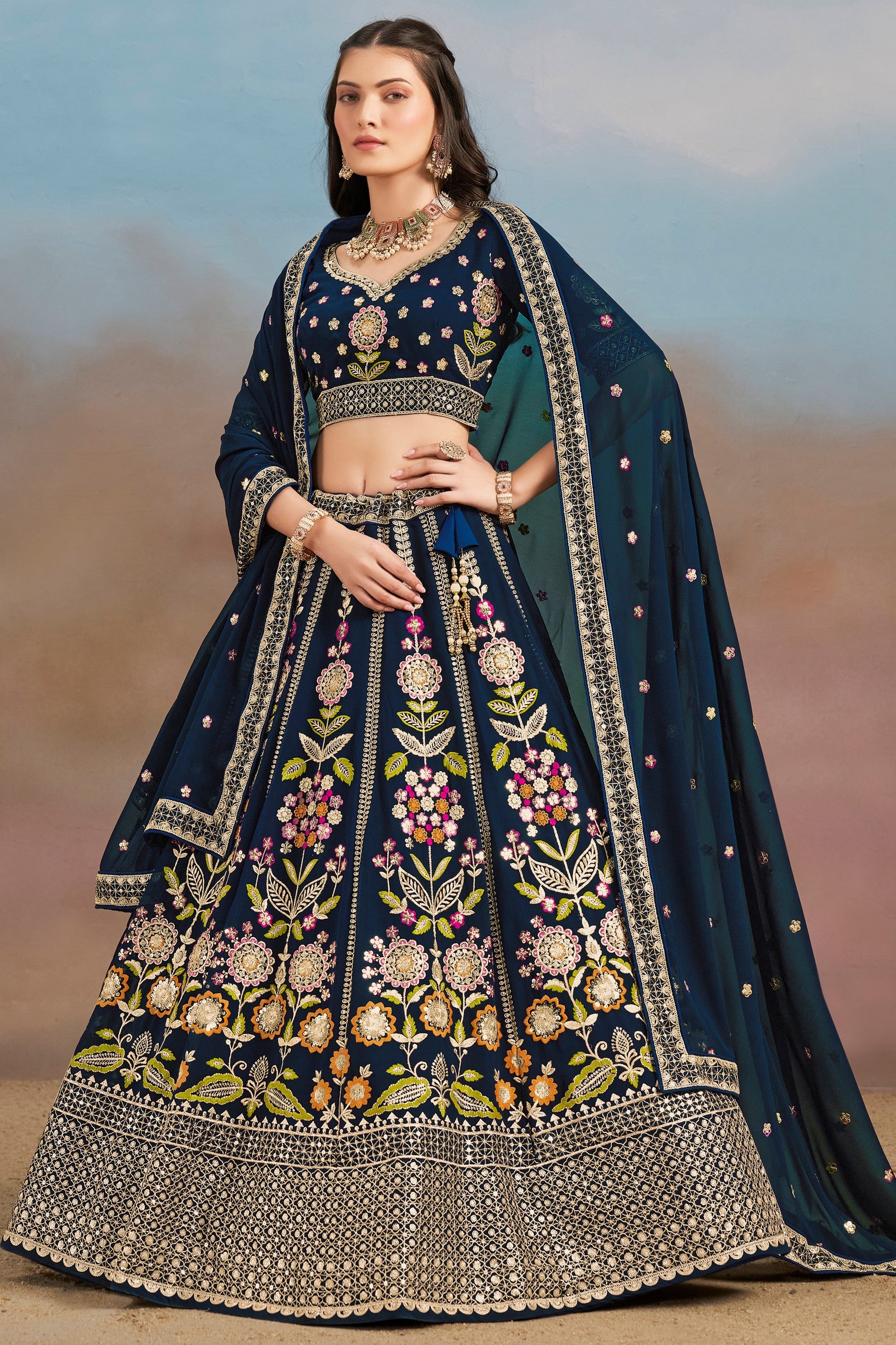 Navy Blue Georgette Lehenga Choli For Indian & Pakistani Wedding Festival - Zari Work, Resham Embroidery Work, Sequence Embroidery Work, Dori Work