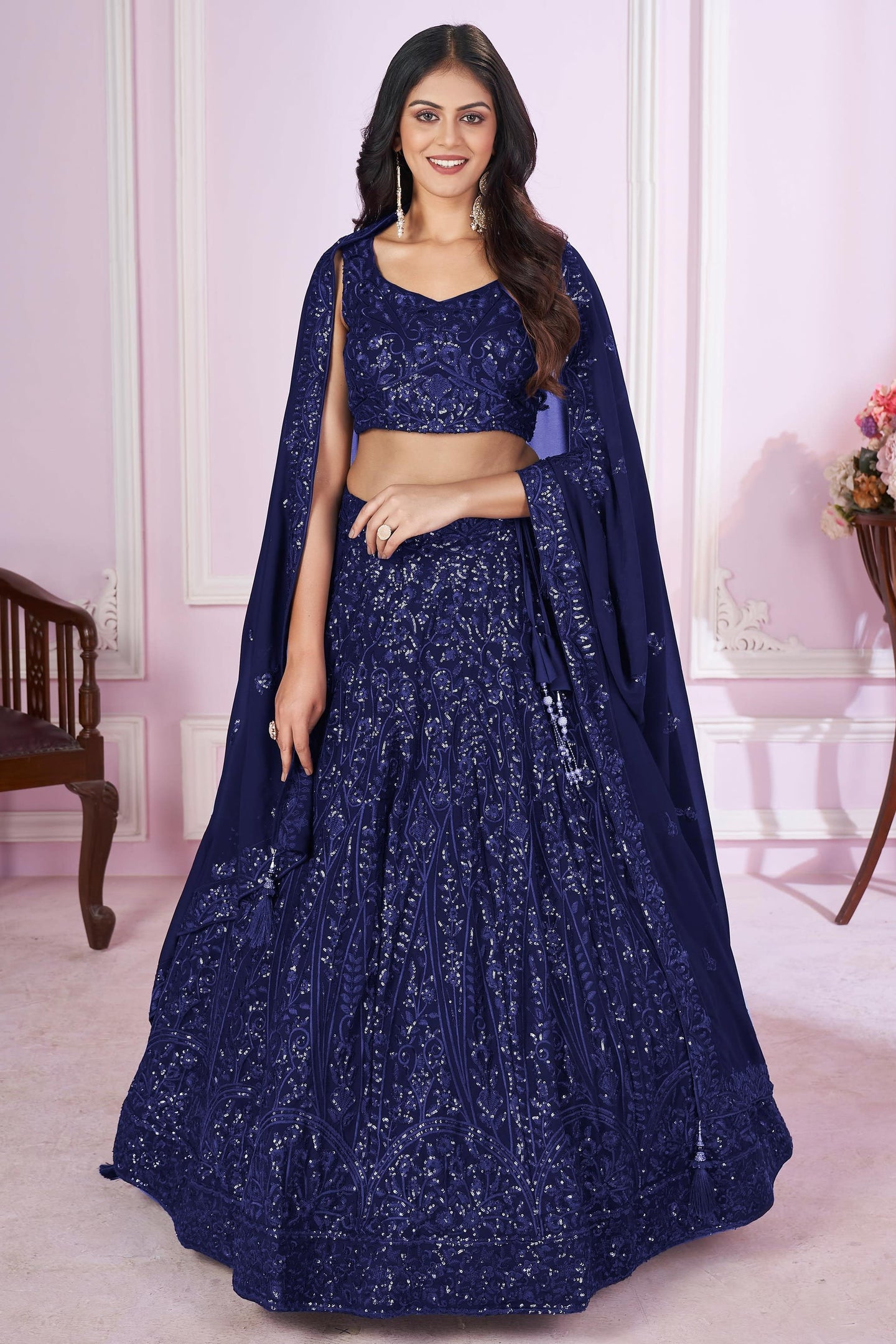Navy Blue Georgette Lehenga Choli For Indian & Pakistani Wedding Festival - Sequins & Thread Embroidery Work
