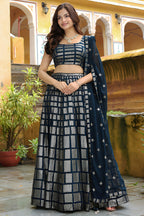 Navy Blue Georgette Lehenga Choli For Indian & Pakistani Wedding Festival - Thread & Sequins Embroidery Work
