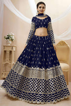 Navy Blue Georgette Lehenga Choli For Indian & Pakistani Wedding Festival - Sequins & Thread Embroidery Work, Zari Work