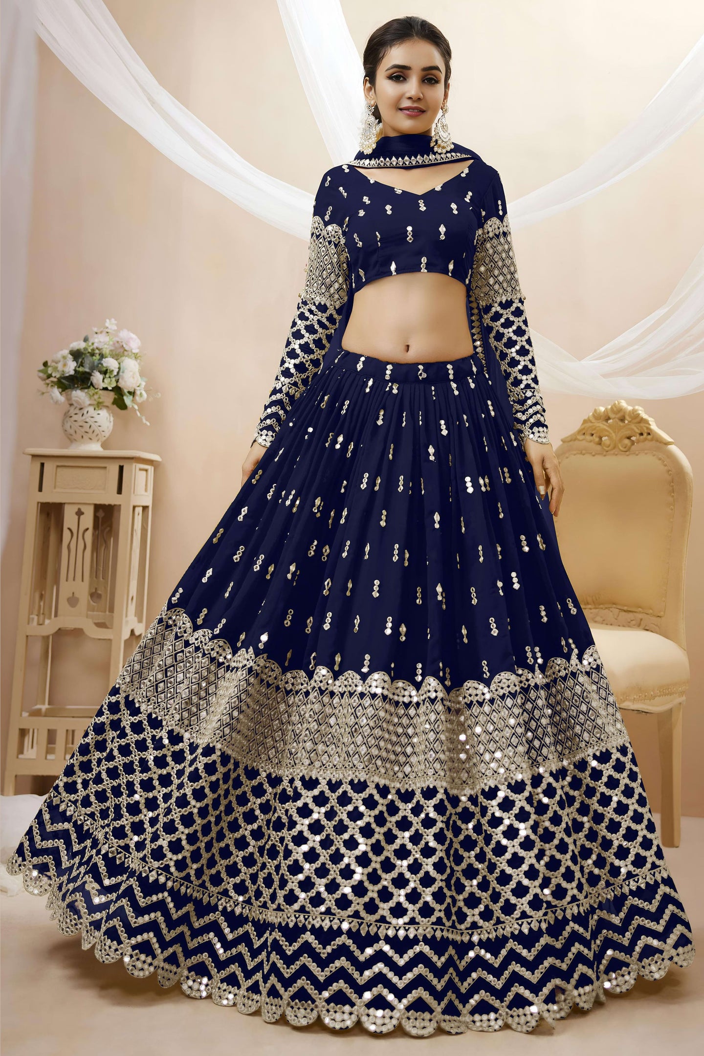 Navy Blue Georgette Lehenga Choli For Indian & Pakistani Wedding Festival - Sequins & Thread Embroidery Work, Zari Work