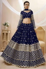 Navy Blue Georgette Lehenga Choli For Indian & Pakistani Wedding Festival - Sequins & Thread Embroidery Work, Zari Work