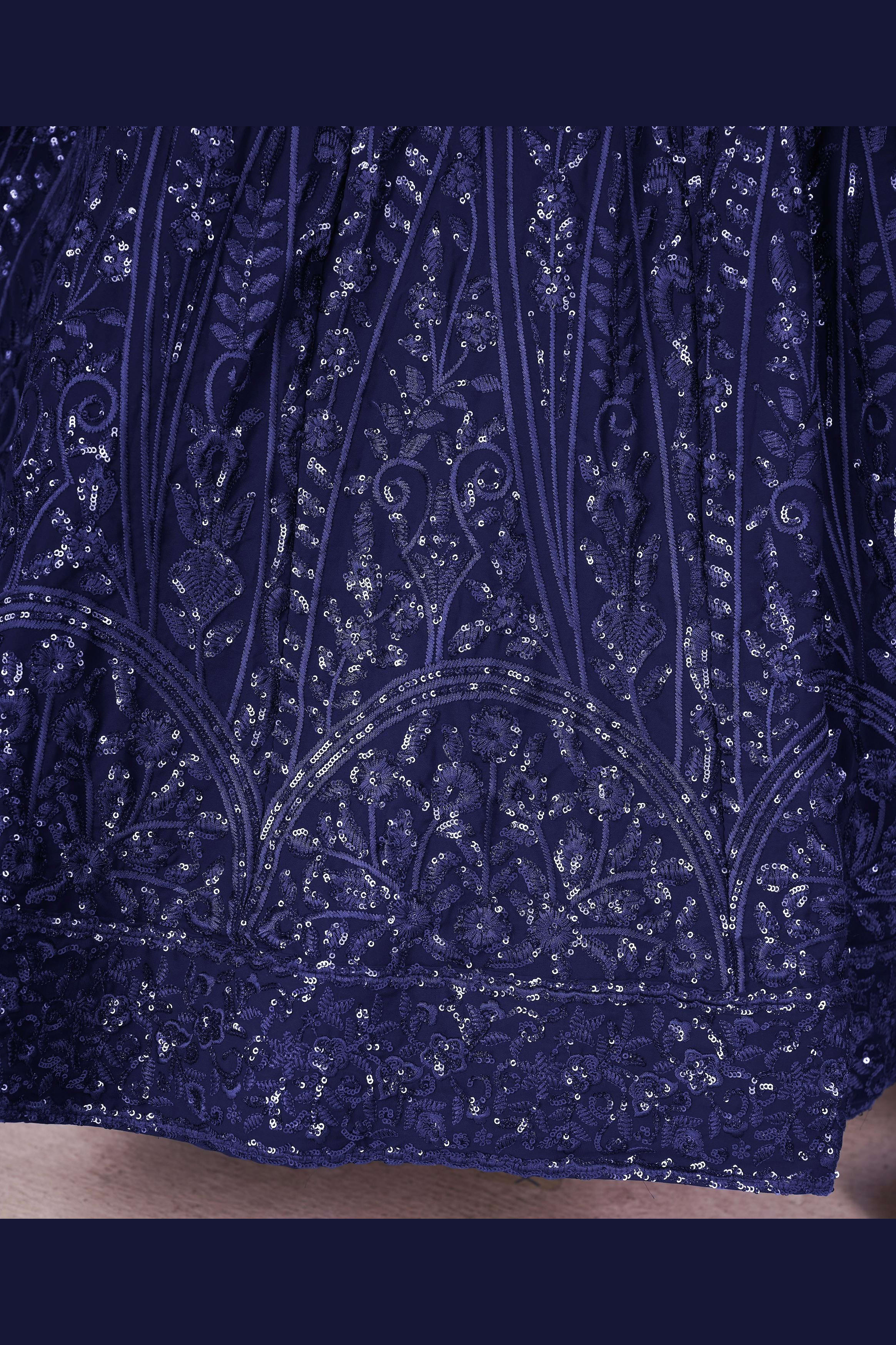 Navy Blue Georgette Lehenga Choli For Indian & Pakistani Wedding Festival - Sequins & Thread Embroidery Work