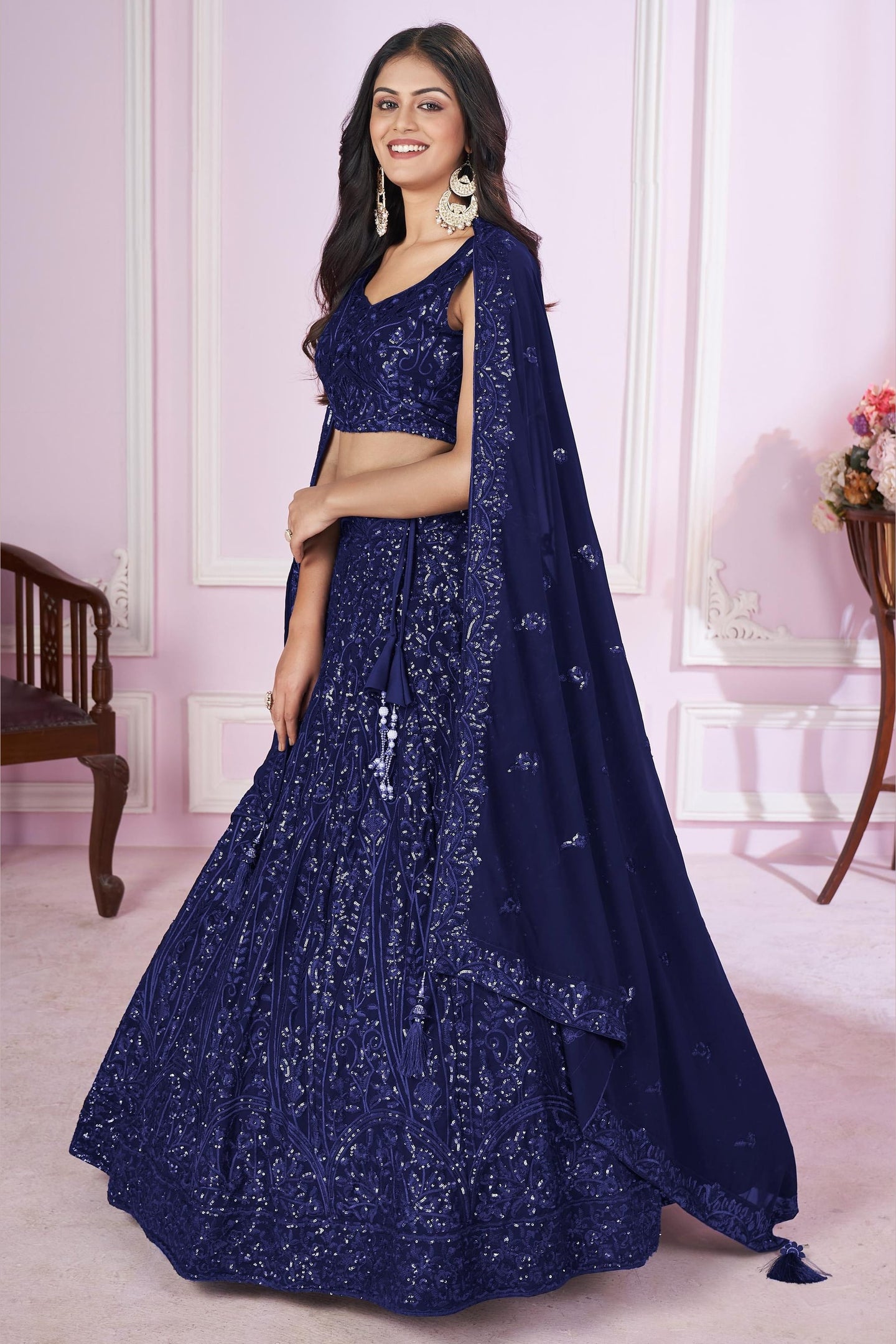 Navy Blue Georgette Lehenga Choli For Indian & Pakistani Wedding Festival - Sequins & Thread Embroidery Work