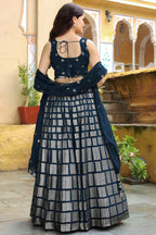 Navy Blue Georgette Lehenga Choli For Indian & Pakistani Wedding Festival - Thread & Sequins Embroidery Work