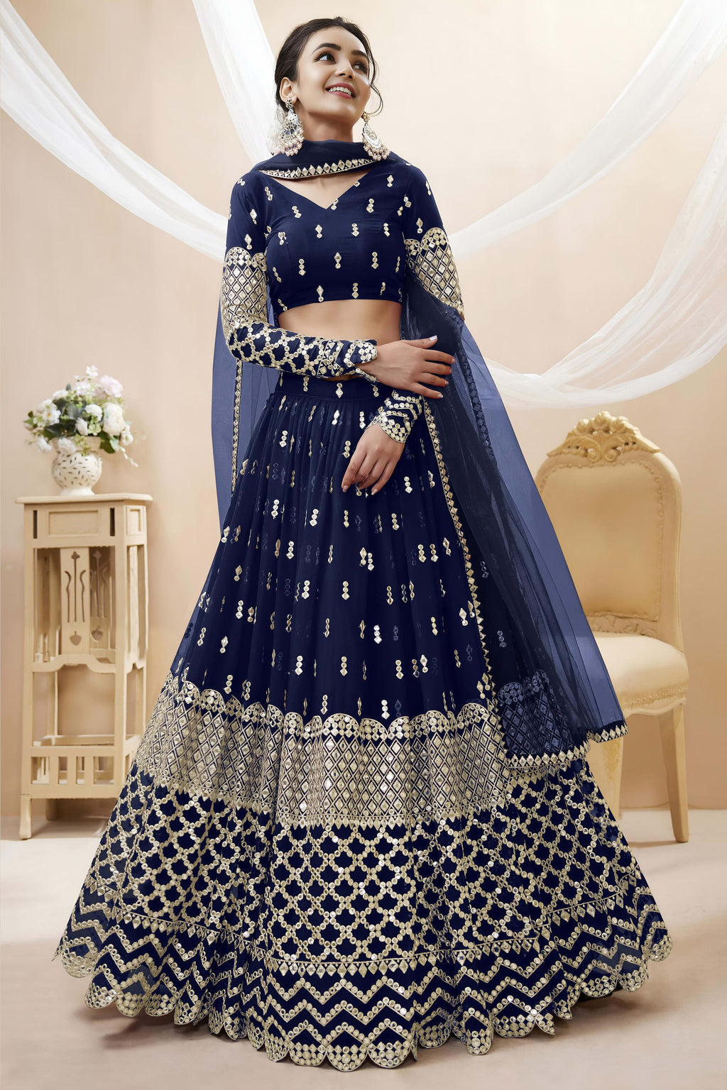 Navy Blue Georgette Lehenga Choli For Indian & Pakistani Wedding Festival - Sequins & Thread Embroidery Work, Zari Work