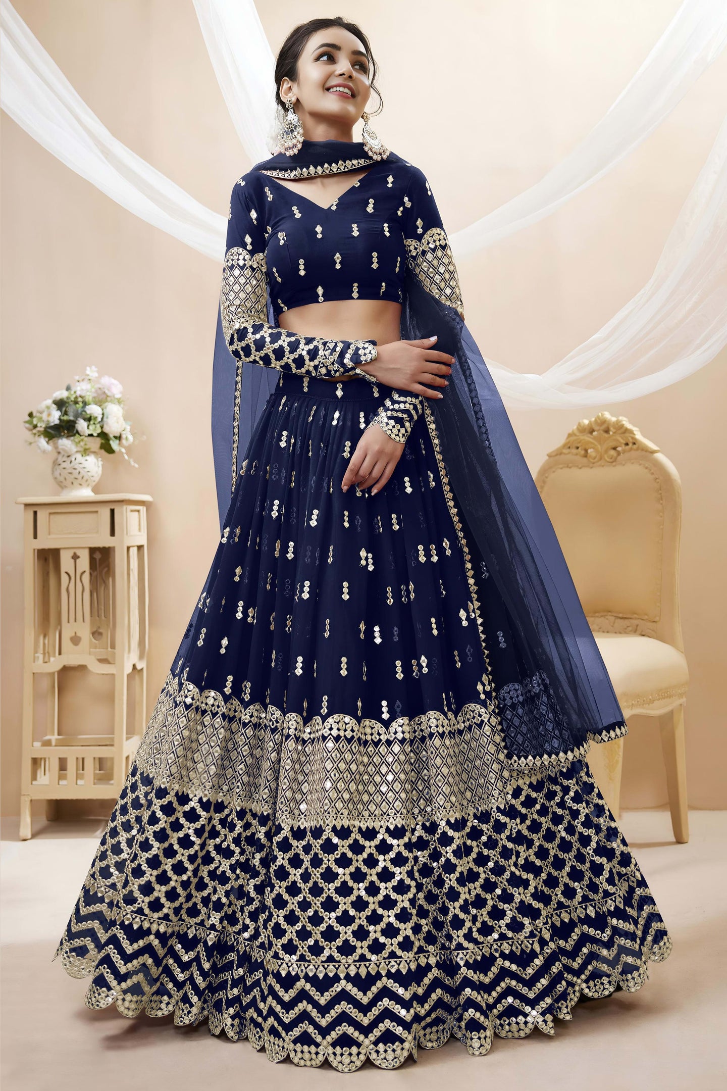 Navy Blue Georgette Lehenga Choli For Indian & Pakistani Wedding Festival - Sequins & Thread Embroidery Work, Zari Work