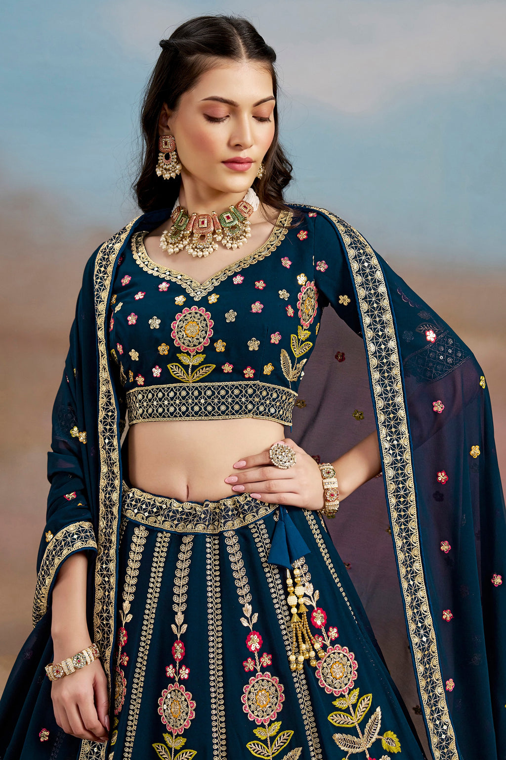 Navy Blue Georgette Lehenga Choli For Indian & Pakistani Wedding Festival - Zari Work, Resham Embroidery Work, Sequence Embroidery Work, Dori Work