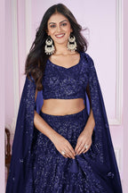 Navy Blue Georgette Lehenga Choli For Indian & Pakistani Wedding Festival - Sequins & Thread Embroidery Work