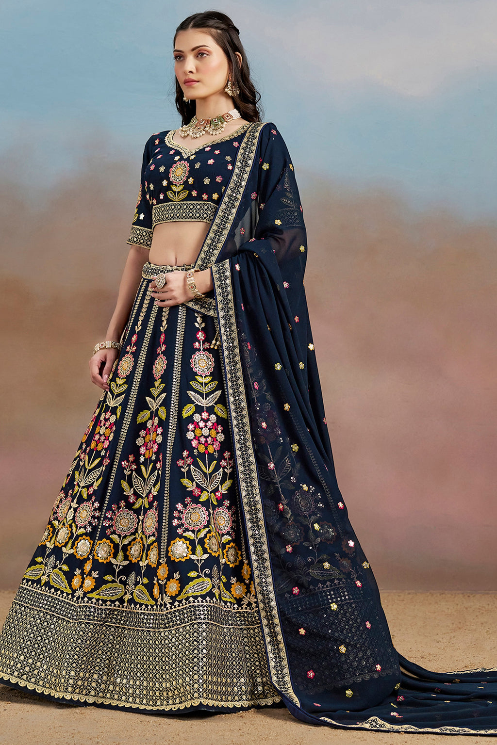 Navy Blue Georgette Lehenga Choli For Indian & Pakistani Wedding Festival - Zari Work, Resham Embroidery Work, Sequence Embroidery Work, Dori Work