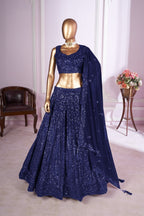 Navy Blue Georgette Lehenga Choli For Indian & Pakistani Wedding Festival - Sequins & Thread Embroidery Work