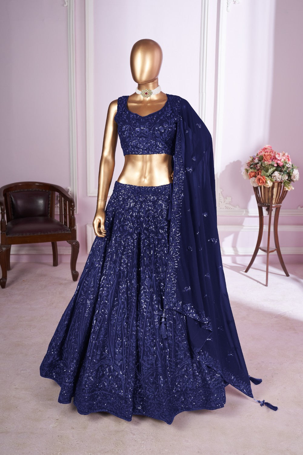 Navy Blue Georgette Lehenga Choli For Indian & Pakistani Wedding Festival - Sequins & Thread Embroidery Work