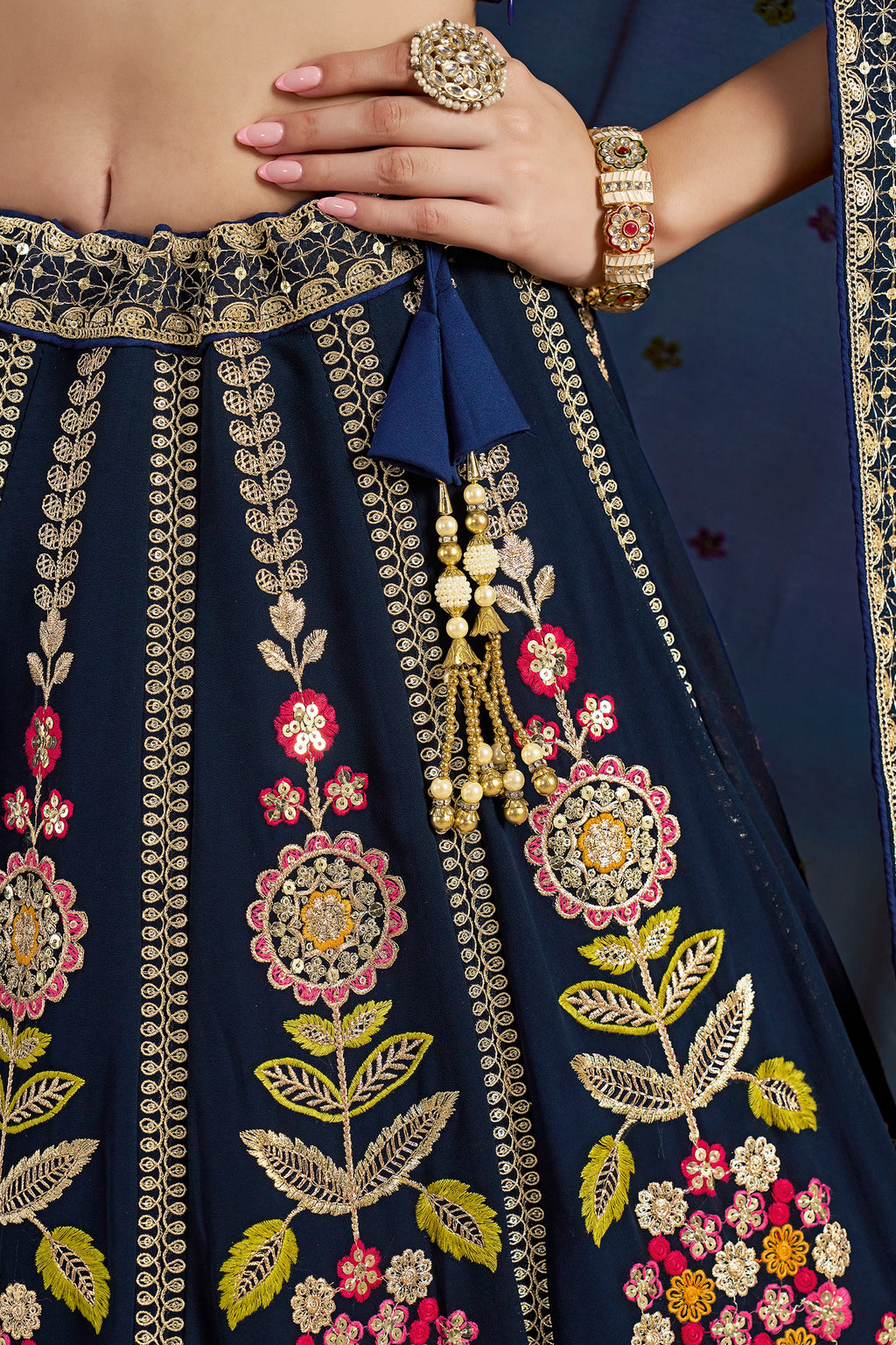 Navy Blue Georgette Lehenga Choli For Indian & Pakistani Wedding Festival - Zari Work, Resham Embroidery Work, Sequence Embroidery Work, Dori Work