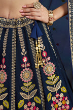 Navy Blue Georgette Lehenga Choli For Indian & Pakistani Wedding Festival - Zari Work, Resham Embroidery Work, Sequence Embroidery Work, Dori Work