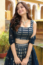 Navy Blue Georgette Lehenga Choli For Indian & Pakistani Wedding Festival - Thread & Sequins Embroidery Work