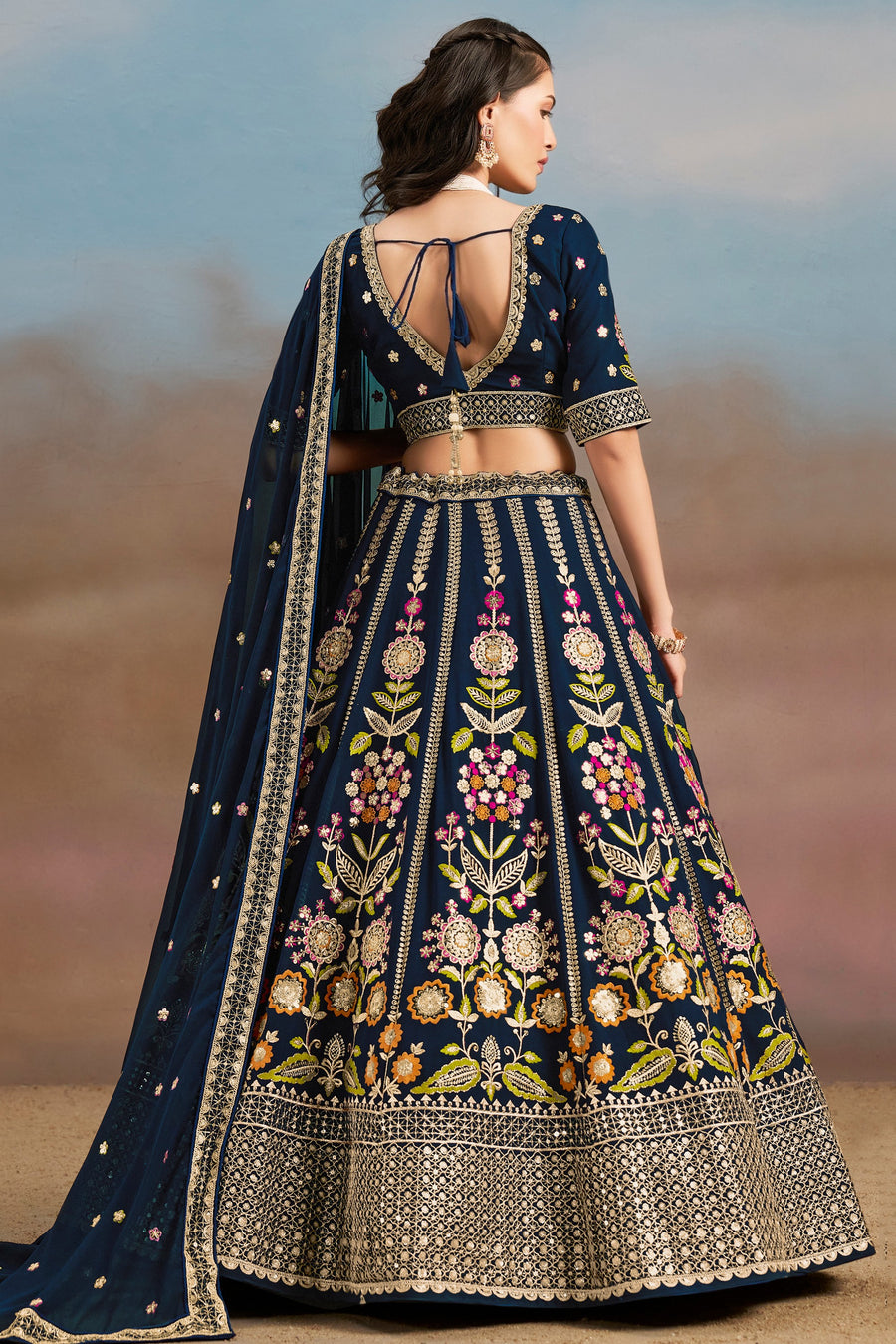 Navy Blue Georgette Lehenga Choli For Indian & Pakistani Wedding Festival - Zari Work, Resham Embroidery Work, Sequence Embroidery Work, Dori Work