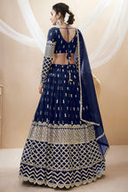 Navy Blue Georgette Lehenga Choli For Indian & Pakistani Wedding Festival - Sequins & Thread Embroidery Work, Zari Work